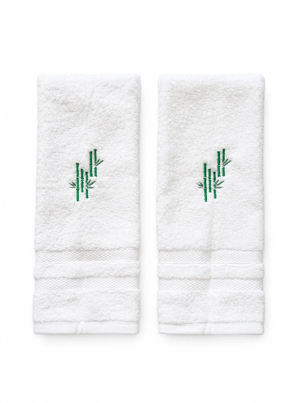 Mahjong White Hand Towels with Green Bamboo Embroidery - Set of 2